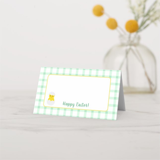 Cartão De Mesa Yellow Happy Spring Chick Easter Green Check (Frente)