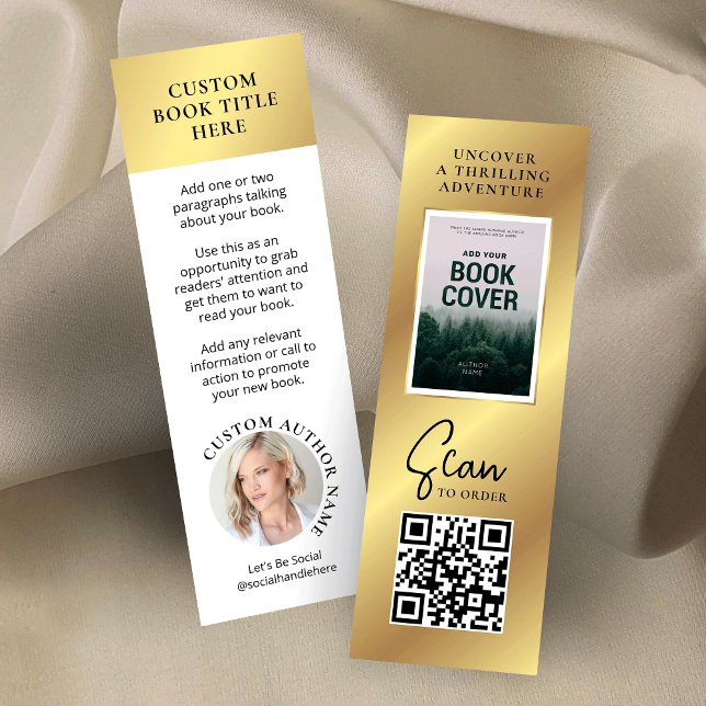 Cartão de Minifavorito de Foto do Autor de Versão  (White and faux gold 3x1 MINI bookmarks - great to promote your new book release)