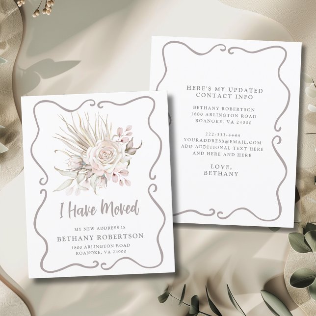 Cartão de Mudança para Nova Casa com Rosas Cor-de- (I Have Moved Boho Blush Pink Roses with Eucalyptus Budget Friendly New Address Card)