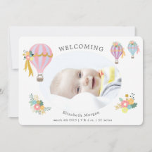 cartão de nascimento de balão de ar quente floral