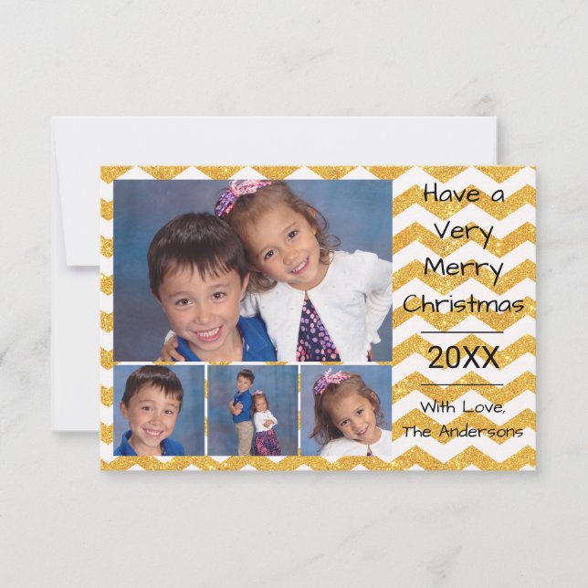 Cartão de Natal 3x5 Chevron em Ouro Falso com 4 Fo (Frente)