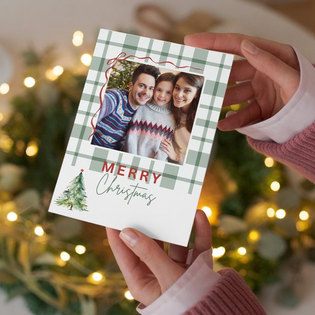 Cartão de Natal Aberto da Xadrez Verde (Green Plaid Rustic Photo Folded Christmas Card)