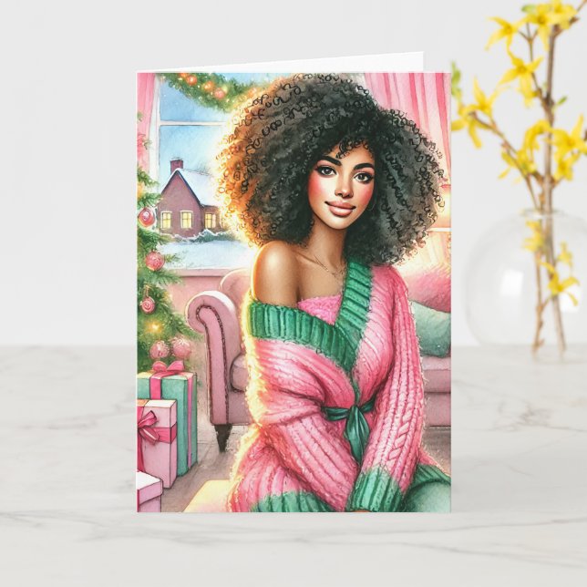 Cartão de Natal Afro-Americano | Rosa e Verde (Flor Amarela)