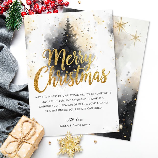 Cartão de Natal Alegre com Aguarela Dourada Neutra (Elegant Christmas Card)