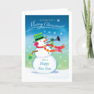 Cartão de Natal Alegre do Boneco de Neve Trombetea