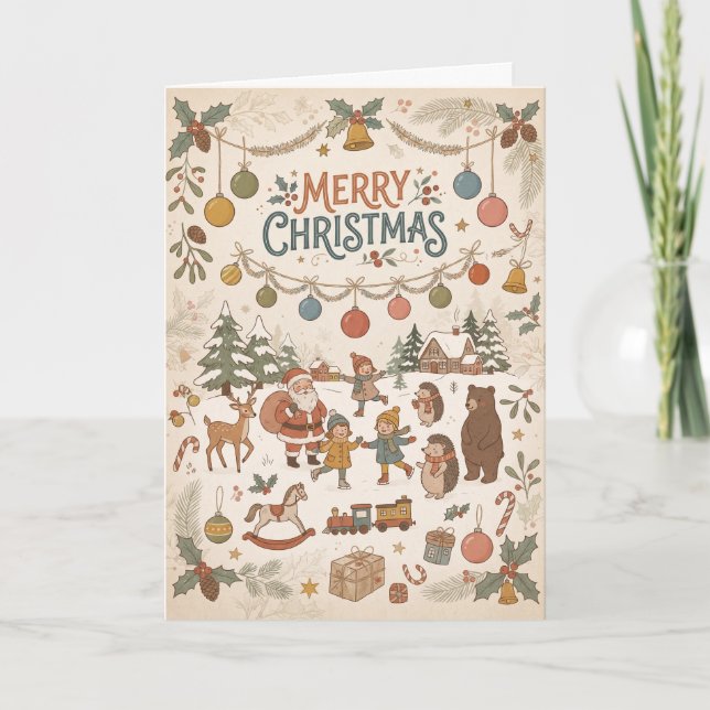 Cartão de Natal Alegre dos Animais da Floresta (Frente)
