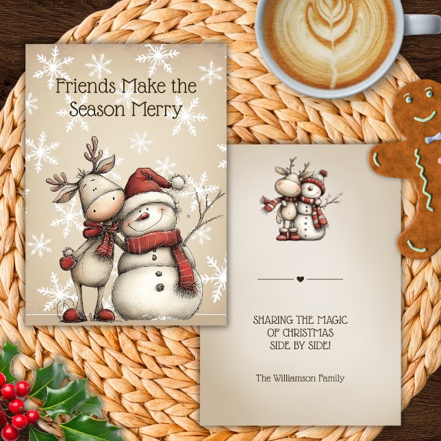Cartão de Natal Amigos Rena e Boneco de Neve (Criador carregado)