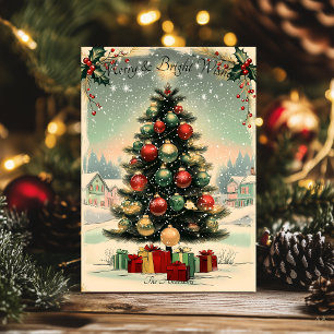 Cartão de Natal Antigo com Árvore Festiva e Neve