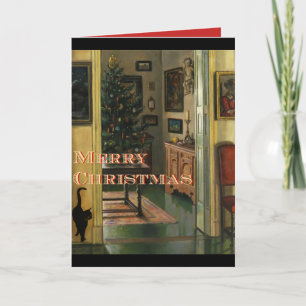 Cartão de Natal antigo com um gato preto