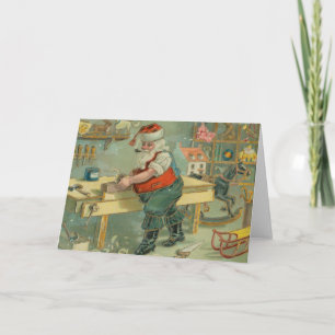 Cartão de Natal Antigo - Papai Noel em sua Oficina