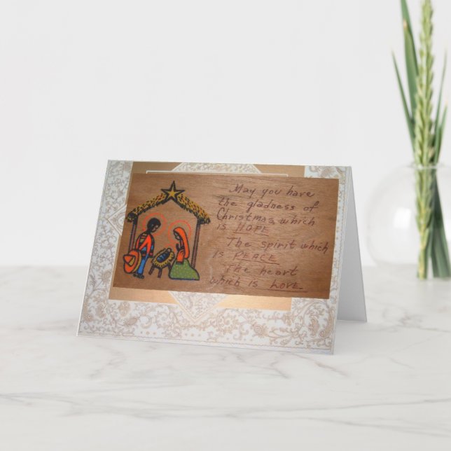 Cartão de Natal artesanal sobre madeira e mídia mi (Frente)