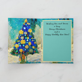 Cartão de Natal árvores azul e dourado estilizado 