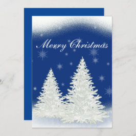 Cartão de Natal azul com árvore branca.