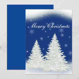 Cartão de Natal azul com árvore branca.
