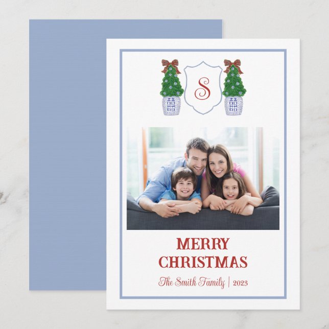 Cartão de Natal Azul e Branco Chinoiserie (Frente/Verso)