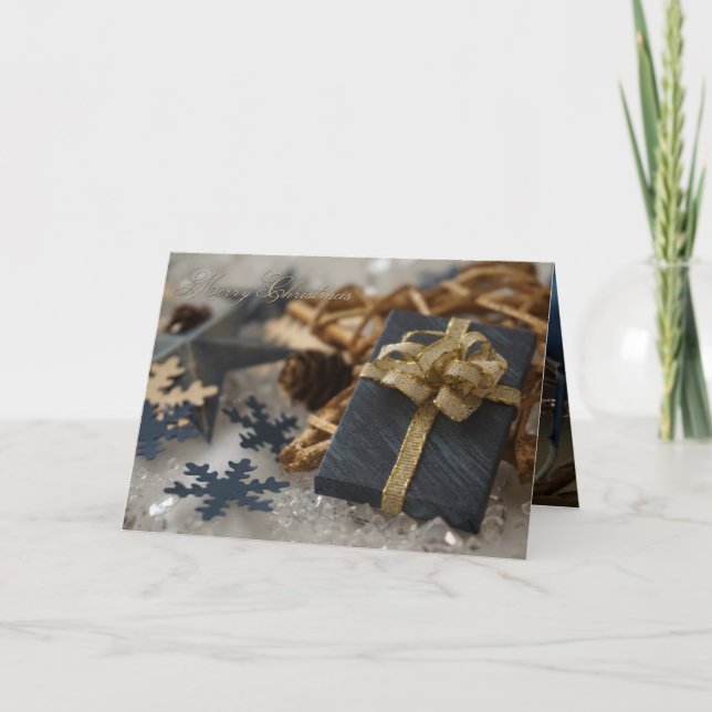 Cartão de Natal Azul e Dourado Dobrado II (Frente)