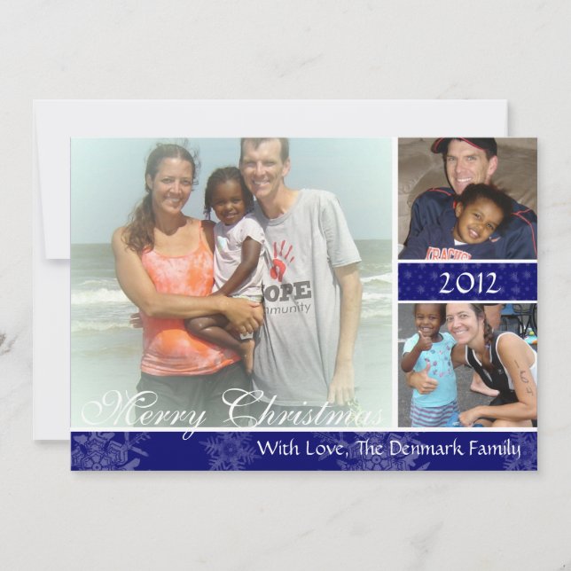 Cartão de Natal Azul Flocos de Neve com 3 Fotograf (Frente)