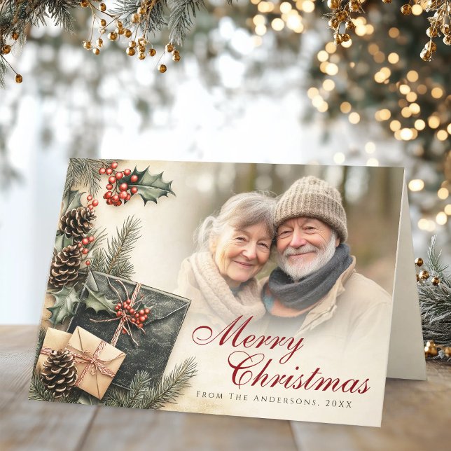Cartão de Natal Bege de Foto de Folhas de Azevinho (Vintage Holly Berries Beige Photo Christmas Folded Holiday Card)