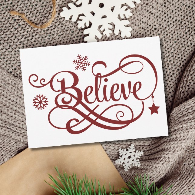 Cartão de Natal Believe Vermelho Flocos de Neve Es (Believe Christmas Card Personalize your own message. Printed or digital instant download)