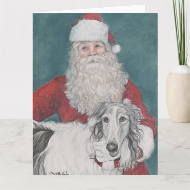 Cartão de Natal Borzoi e Papais noeis (Frente)