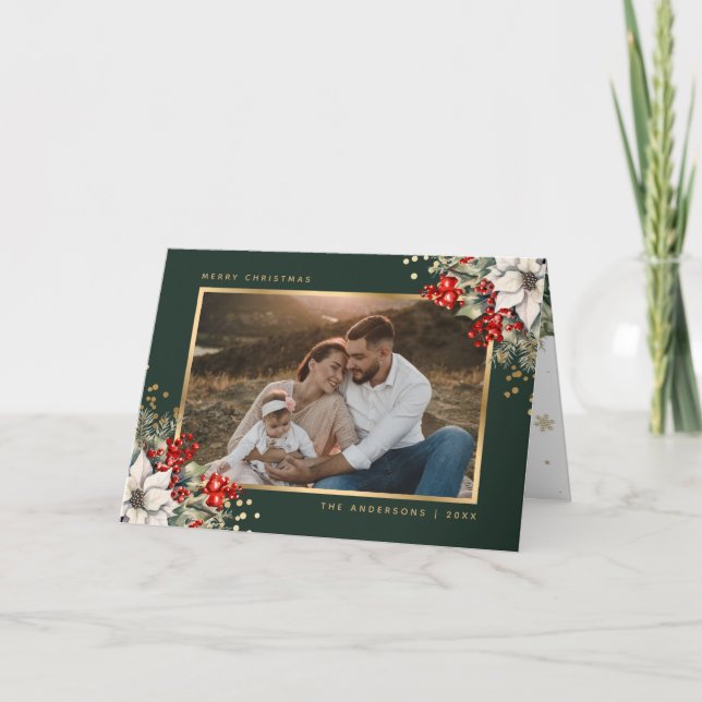 Cartão de Natal Botânico Ouro Verde com Foto (Frente)