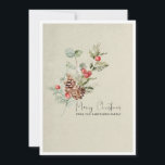 Cartão de Natal Botânico Rustic Simple Winter<br><div class="desc">Um simples spray botânico no inverno,  de pinheiros e de eucaliptos,  é acentuado com bagas vermelhas e pinecones castanhos. Feliz Natal está escrito em uma fonte de script de tendências. Uma linha de texto personalizado permite adicionar seu nome ou uma mensagem de feriado adicional.</div>