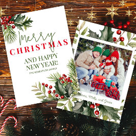 Cartão de Natal Branco Holly Pine Red Berries