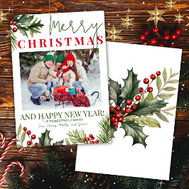 Cartão de Natal Branco Holly Pine Red Berries