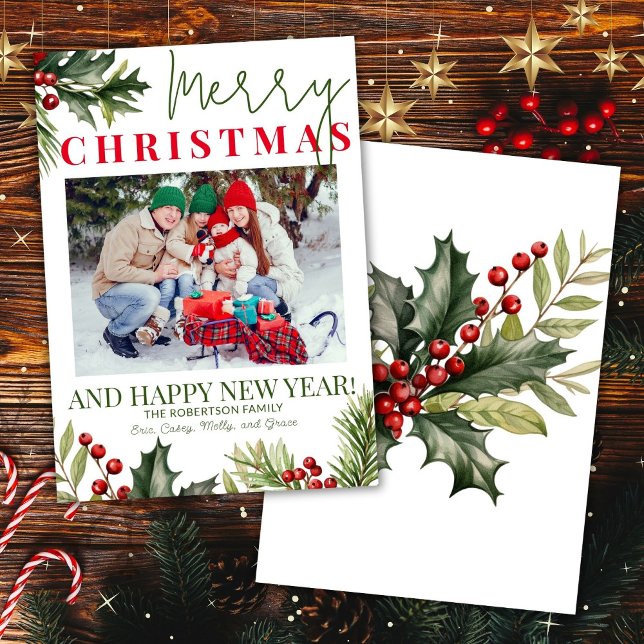 Cartão de Natal Branco Holly Pine Red Berries (Criador carregado)