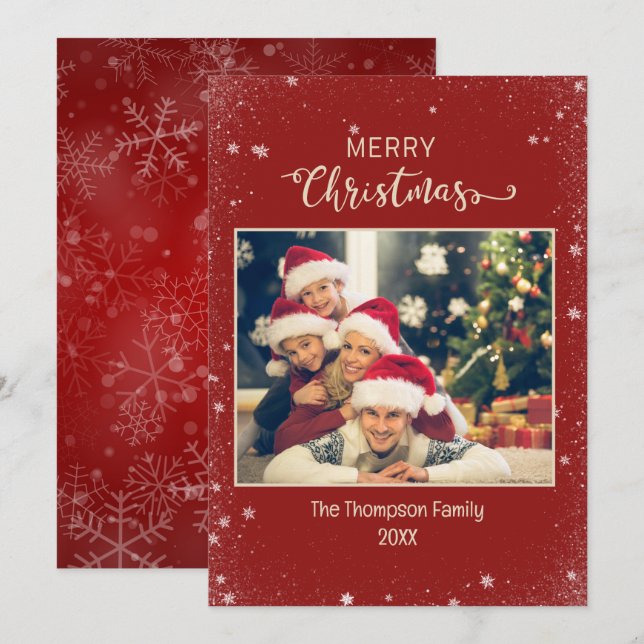 Cartão de Natal Burgundy Família Foto Floco de Nev (Frente/Verso)