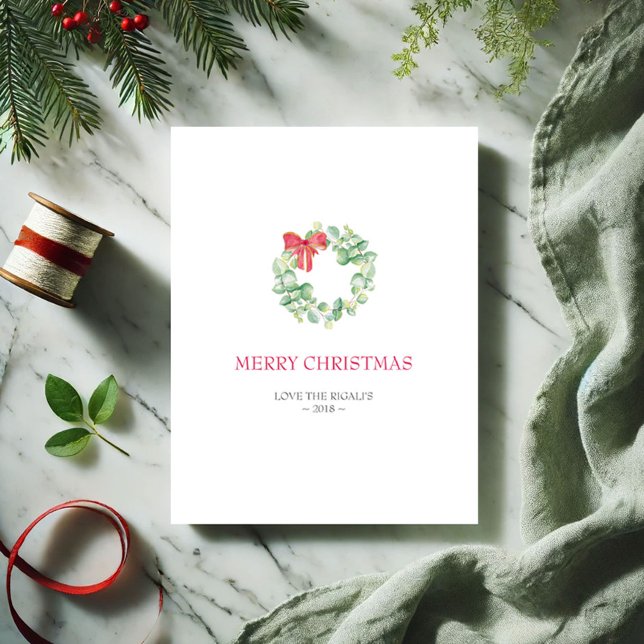 Cartão de Natal, Cartão de Férias (Simple Christmas card watercolor botanical wreath in shades of red and green by Victoria Grigaliunas)
