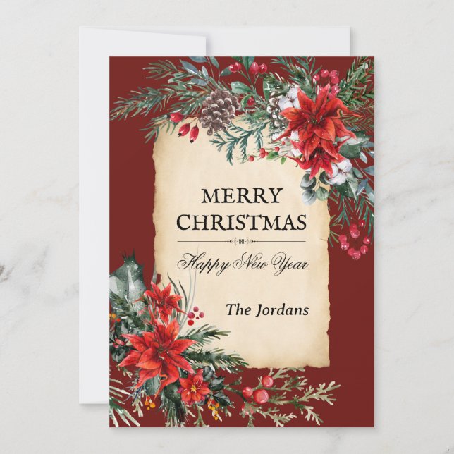 Cartão de Natal clássico floral plano (Frente)