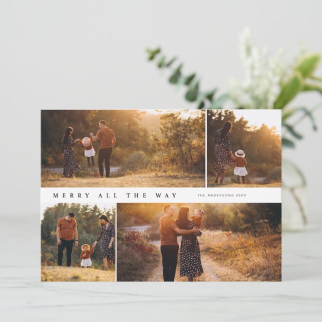 Cartão de Natal Colagem de 4 Fotos 'Feliz o Caminh (Em pé/Frente)