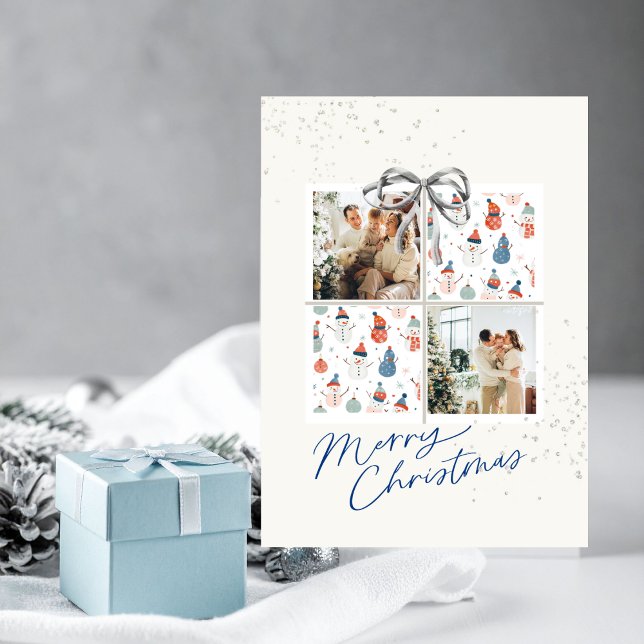Cartão de Natal com 2 Fotos Felizes Bonecos de Nev (Christmas card with two photo frames, a coquette silver bow and happy snowmen)
