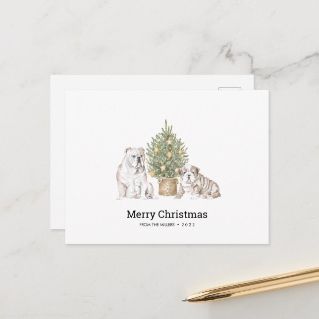 Cartão de Natal com a Família Buldogue Inglesa (Frente/Verso In Situ)