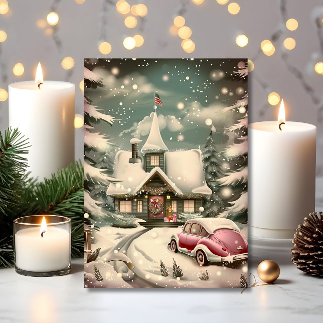 Cartão de Natal com Carro Rosa Antigo e Cabana na  (A vintage holiday scene with a pink car and cozy cottage charm)