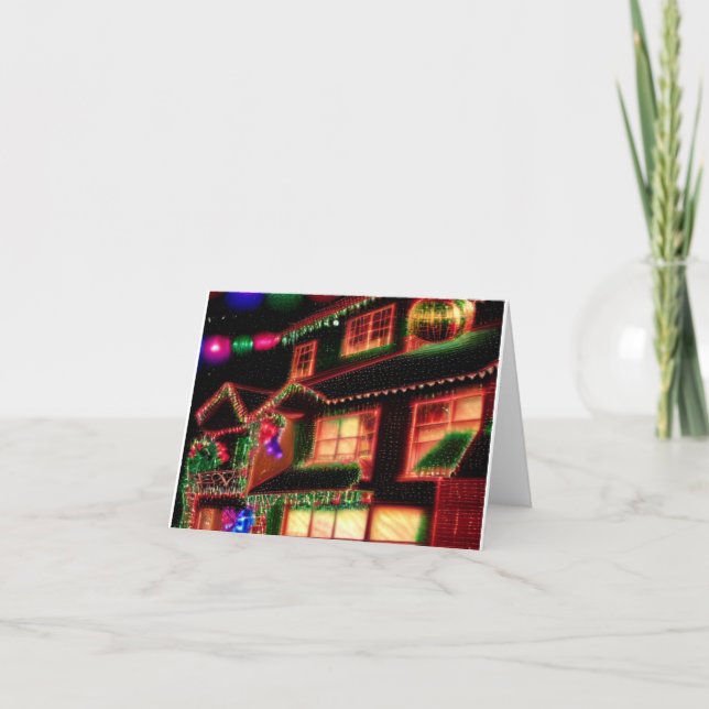 cartão de Natal com casa decorada com luzes (Frente)