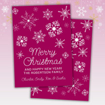 Cartão de Natal com Flocos de Neve Rosa e Branco