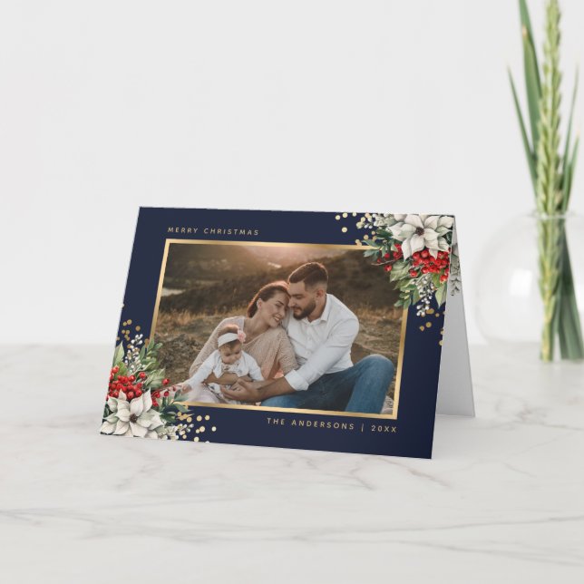 Cartão de Natal com Foto Botânica Azul e Dourado E (Frente)