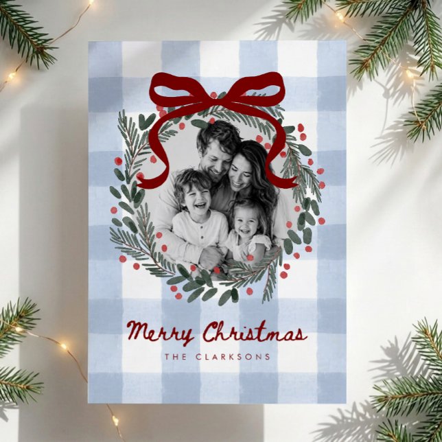 Cartão de Natal com Foto de Coroa de Gingham (Criador carregado)
