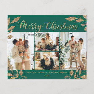 Cartão de Natal com Foto de Folhas de Ouro Verde E