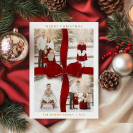 Cartão de Natal com Foto de Laço Vermelho Elegante