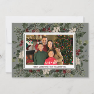 Cartão de Natal com Foto de Pinheiro e Azevinho em