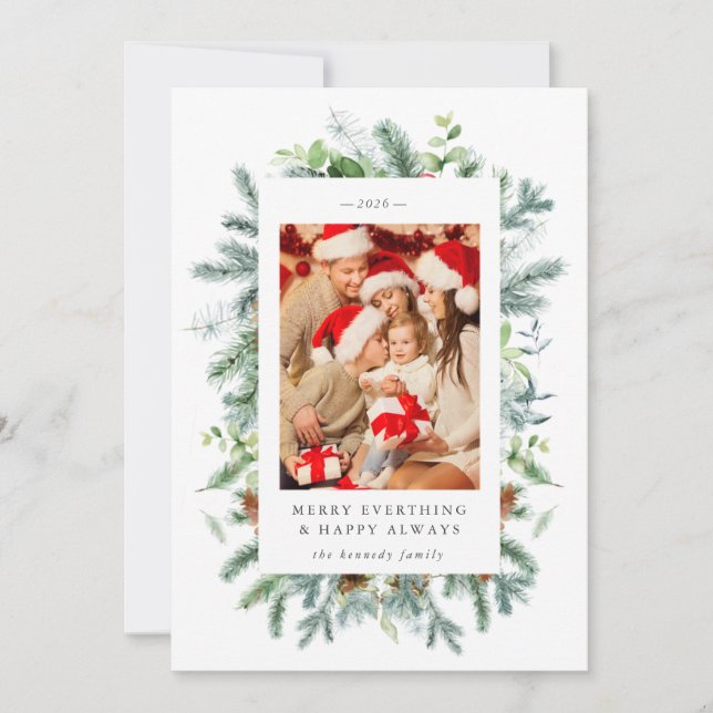 Cartão de Natal com Foto de Pinheiro e Frutas Verm (Frente)