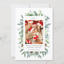 Cartão de Natal com Foto de Pinheiro e Frutas Verm