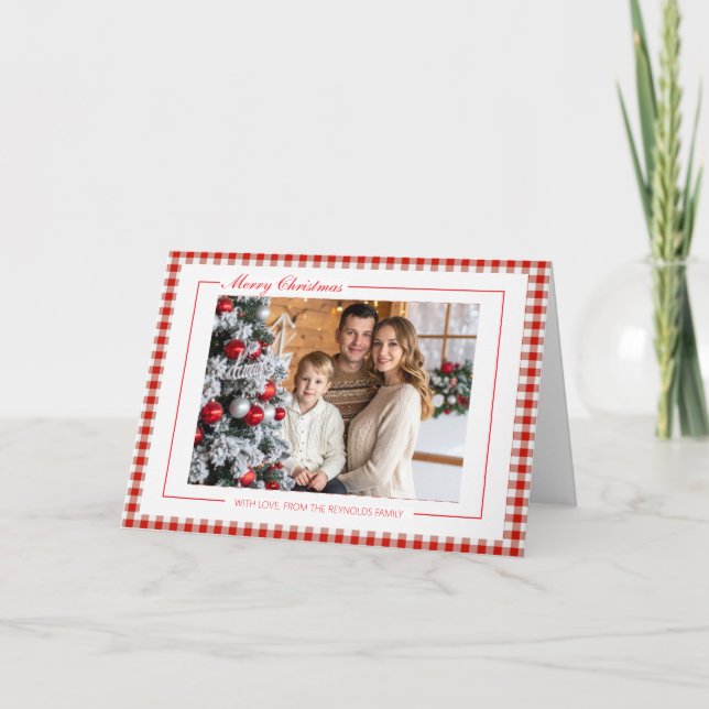 Cartão de Natal com Foto em Xadrez Vermelho Rústic (Frente)