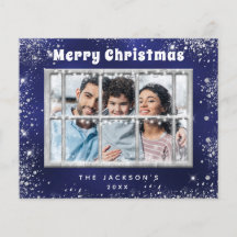 Cartão de Natal com janela para foto azul prateado