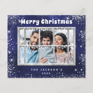 Cartão de Natal com janela para foto azul prateado