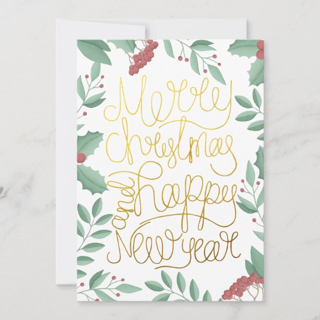 Cartão de Natal com Letra Dourada em Gouache Flora (Frente)