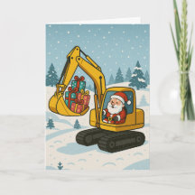 Cartão de Natal com Papai Noel em escavadeira carr